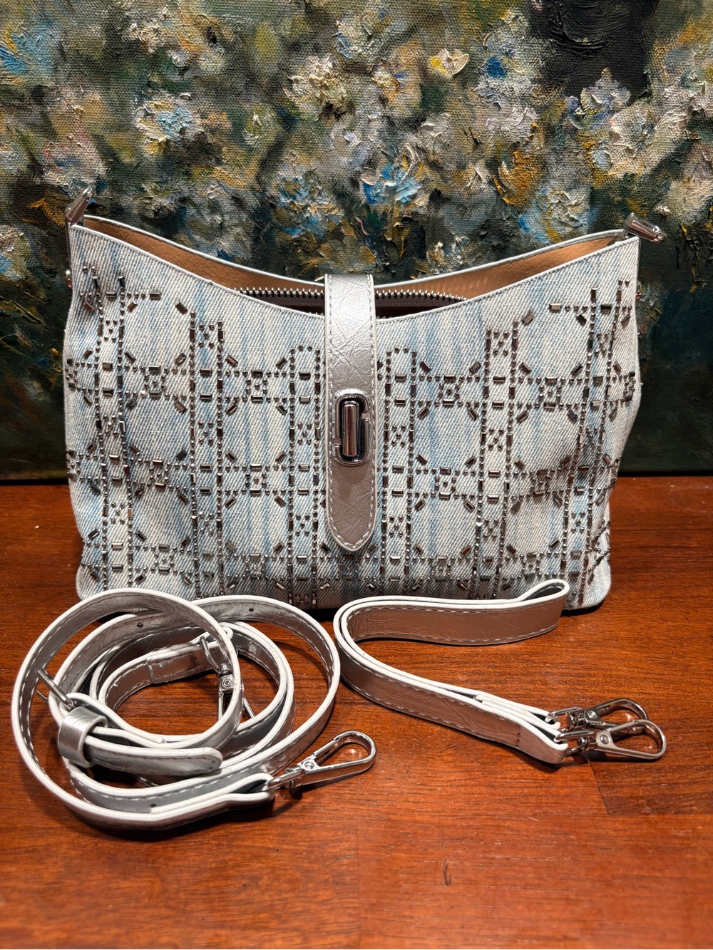 Silver and Light Blue Crossbody Clutch with Studded Pattern